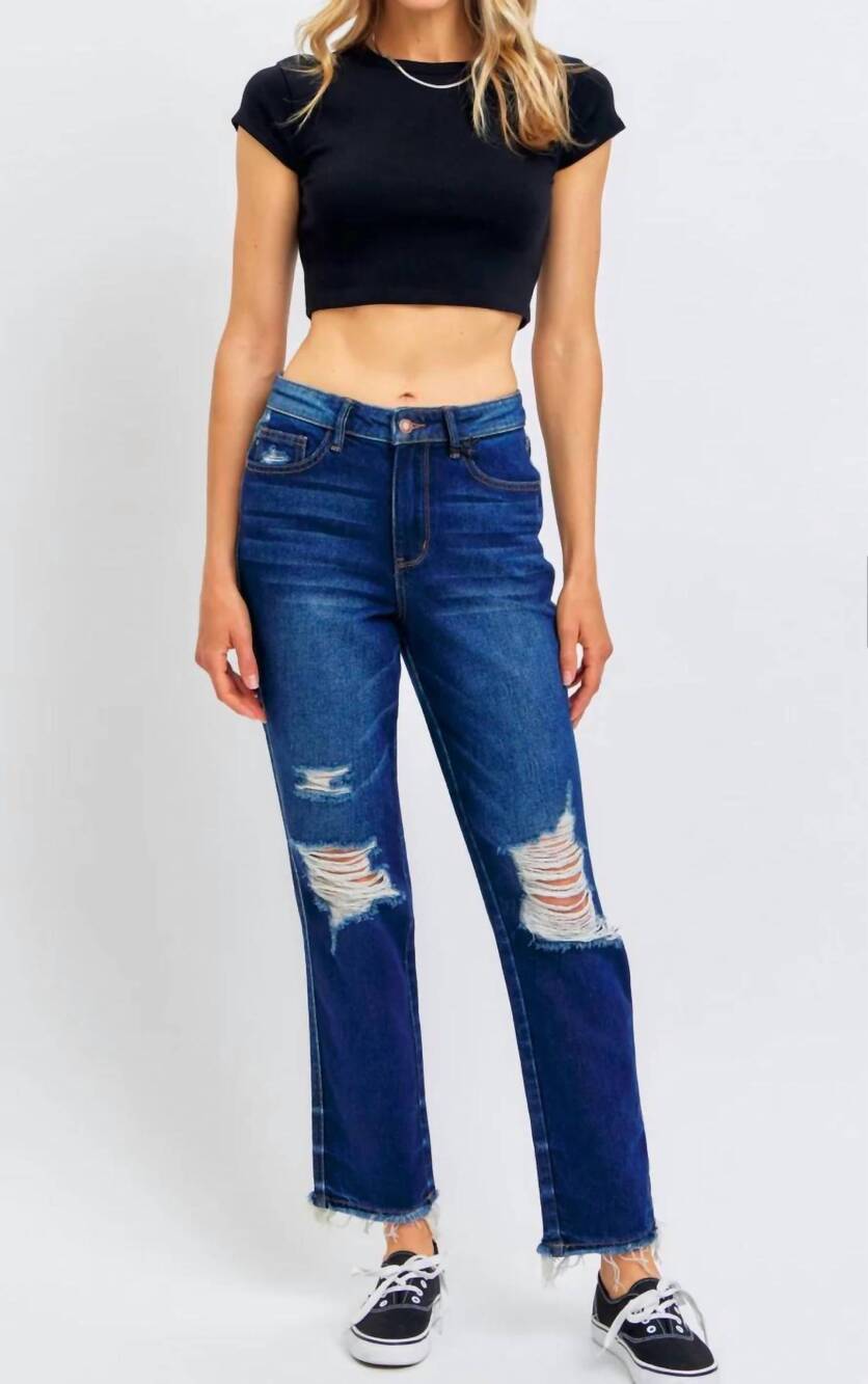 NEW JUDY BLUE high waist rigid magic heavy destroy straight jeans in dark wash